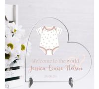 Personalised Welcome to the World Baby Heart Plaque - Choose from 9 Designs Custom Own Name & Birth Date Nursery Keepsake For Girls Cute Thoughtful Gift (Baby Vest, Acrylic)