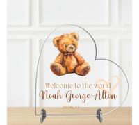 Personalised Welcome to the World Freestanding Heart Plaque - Choose from 5 Designs Custom Baby Name & Birth Date Nursery Keepsake New Parents Celebration Gift (Teddy Bear, Acrylic)