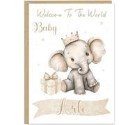 Personalised Welcome To The World New Baby Celebration Card In Cute Elephant Designs Add Own Custom Name On Banner - Neutral New Baby Cards for Boys Girls 5 Adorable Designs, Design 3