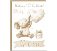 Personalised Welcome To The World New Baby Celebration Card In Cute Elephant Designs Add Own Custom Name On Banner - Neutral New Baby Cards for Boys Girls 5 Adorable Designs, Design 5