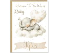 Personalised Welcome To The World New Baby Celebration Card In Cute Elephant Designs Add Own Custom Name On Banner - Neutral New Baby Cards for Boys Girls 5 Adorable Designs, Design 4