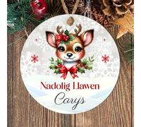 Personalised Welsh Merry Christmas Nadolig Llawen Bauble Hanging Ornament Cute Designs for Family Friends Festive Wales Gifts (Deer, MDF Wood - Indoor use only)