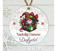 Personalised Welsh Merry Christmas Nadolig Llawen Bauble Hanging Ornament Cute Designs for Family Friends Festive Wales Gifts (Gnome, Acrylic - Indoor & Outdoor use)
