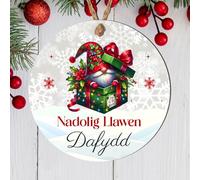 Personalised Welsh Merry Christmas Nadolig Llawen Bauble Hanging Ornament Cute Designs for Family Friends Festive Wales Gifts (Gnome, MDF Wood - Indoor use only)