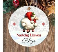 Personalised Welsh Merry Christmas Nadolig Llawen Bauble Hanging Ornament Cute Designs for Family Friends Festive Wales Gifts (Sheep's bottom, MDF Wood - Indoor use only)