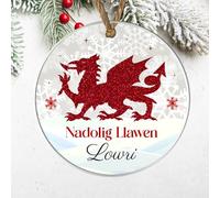 Personalised Welsh Merry Christmas Nadolig Llawen Bauble Hanging Ornament Cute Designs for Family Friends Festive Wales Gifts (Dragon, Acrylic - Indoor & Outdoor use)