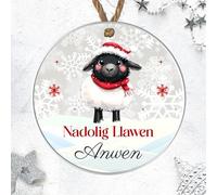 Personalised Welsh Merry Christmas Nadolig Llawen Bauble Hanging Ornament Cute Designs for Family Friends Festive Wales Gifts (Sheep, Acrylic - Indoor & Outdoor use)
