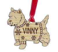 Personalised Westie Dog Christmas Tree Bauble, Jumper with Snowflakes Design, Oak Veneer Wood or White Wood Decoration with Red Ribbon (Oak Veneer, Decoration Only)