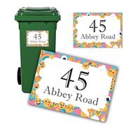 Personalised Wheelie Bin Number Sticker | Custom House Number & Street Name | Waterproof Rectangle Vinyl Decal (Emoji Fun Frame)