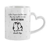 Personalised When Penguin Find Their Mate, They Stay Together Forever, Valentine's Day Gift, Heart Handle Coffee, Tea Mug. (White)