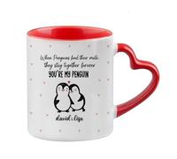 Personalised When Penguin Find Their Mate, They Stay Together Forever, Valentine's Day Gift, Heart Handle Coffee, Tea Mug. (Red)