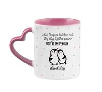Personalised When Penguin Find Their Mate, They Stay Together Forever, Valentine's Day Gift, Heart Handle Coffee, Tea Mug. (Pink)