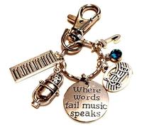 Personalised 'Where Words Fail Music Speaks' Keyboard/Pianist Mike Singer Keychain with Initial & Birthstone, Music Lover Keyring, Piano