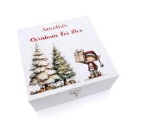 Personalised White Christmas Eve Box, Wooden and Ribbon Storage Box with Santa & Reindeer, Elf, Teddy Bear, Snowman Designs, Medium and Large Sizes, Christmas Keepsake Memory Box (Elf 4)