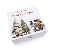 Personalised White Christmas Eve Box, Wooden and Ribbon Storage Box with Santa & Reindeer, Elf, Teddy Bear, Snowman Designs, Medium and Large Sizes, Christmas Keepsake Memory Box (Snowman 6)