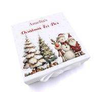 Personalised White Christmas Eve Box, Wooden and Ribbon Storage Box with Santa & Reindeer, Elf, Teddy Bear, Snowman Designs, Medium and Large Sizes, Christmas Keepsake Memory Box (Santa & Reindeer 8)