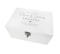 Personalised White Engraved Wooden Wedding Keepsake Box | Top Line, Custom Names, Surname, Location and Date | Wedding Gift | 27 x 19 x 14cm