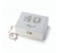 Personalised White Faux Leather Jewellery Box, 40th Birthday Keepsake, Butterfly and Floral Design, Multiple Storage Sections