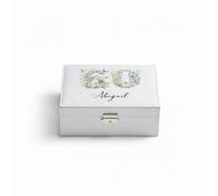 Personalised White Faux Leather Jewellery Box, 60th Birthday Gift, Butterfly Floral Design, 23x17.5x9cm, Multiple Compartments