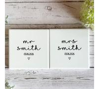 Personalised White Mr & Mrs Wedding Coasters - Custom Couple Gift Set of 2 for Memorable Celebrations and Newlywed Keepsake