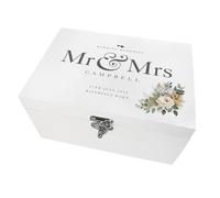 Personalised White Wooden Boho Flower Wedding Keepsake Box | Custom Surname, Venue and Date | Wedding Gift | 27 x 19 x 14cm