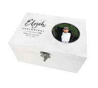 Personalised White Wooden Circle Photo Memory Box | Custom Name, Message & Date Keepsake Box | White Pine Storage for Milestones, Birthdays & Memorials | 22 x 15 x 10cm