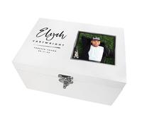 Personalised White Wooden Square Photo Memory Box | Custom Name, Message & Date Keepsake Box | White Pine Storage for Milestones, Birthdays & Memorials | 27 x 19 x 14cm