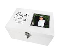 Personalised White Wooden Square Photo Memory Box | Custom Name, Message & Date Keepsake Box | White Pine Storage for Milestones, Birthdays & Memorials | 22 x 15 x 10cm