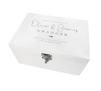 Personalised White Wooden Wedding Keepsake Box | Top Line, Custom Names, Surname, Location and Date | Wedding Gift | 30cm x 23cm x 18cm