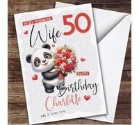 Personalised Wife 50th Birthday Card Panda With Flowers | Personalised Birthday Card For Wife, Her, 50th, Bears, Animals, Milestone Birthdays