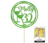 Personalised Wine Glasses Glitter Cake Topper - Green Custom Age Glitter Cake Decoration and Sprinkles - Happy Birthday Decorations - Personalised Toppers for Cakes by Cakeshop