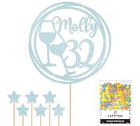Personalised Wine Glasses Glitter Cake Topper - Light Blue Custom Age Glitter Cake Decoration and Sprinkles - Happy Birthday Decorations - Personalised Toppers for Cakes by Cakeshop