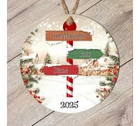 Personalised Winter Family Signpost Hanging Tree Decoration - Custom Children's Names Round Bauble with Snowy Scene for Family Keepsake Gifts (2 Sign posts, MDF Wood - Indoor Use Only)