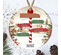 Personalised Winter Family Signpost Hanging Tree Decoration - Custom Children's Names Round Bauble with Snowy Scene for Family Keepsake Gifts (4 Sign posts, MDF Wood - Indoor Use Only)