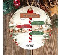 Personalised Winter Family Signpost Hanging Tree Decoration - Custom Children's Names Round Bauble with Snowy Scene for Family Keepsake Gifts (3 Sign posts, MDF Wood - Indoor Use Only)