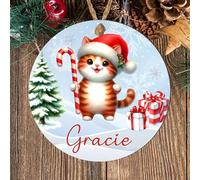 Personalised Winter Fun Animal Round Hanging Decoration, Custom Name Bauble Keepsake Gift for Children Grandchildren Family & Friends (Cat, MDF Wood - Indoor Use Only)