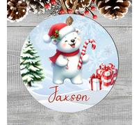 Personalised Winter Fun Animal Round Hanging Decoration, Custom Name Bauble Keepsake Gift for Children Grandchildren Family & Friends (Polar Bear, MDF Wood - Indoor Use Only)