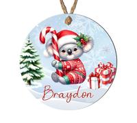 Personalised Winter Fun Animal Round Hanging Decoration, Custom Name Bauble Keepsake Gift for Children Grandchildren Family & Friends (Koala, MDF Wood - Indoor Use Only)