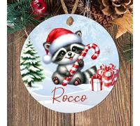 Personalised Winter Fun Animal Round Hanging Decoration, Custom Name Bauble Keepsake Gift for Children Grandchildren Family & Friends (Racoon, MDF Wood - Indoor Use Only)