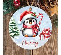 Personalised Winter Fun Animal Round Hanging Decoration, Custom Name Bauble Keepsake Gift for Children Grandchildren Family & Friends (Penguin, MDF Wood - Indoor Use Only)