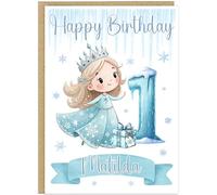 Personalised Winter Princess Happy Birthday Card with Age 1-9 - Custom Own Name & Own Age Number Balloon Blonde Ice Queen Crown Gifts A5 Greetings Card For Little Girls (Number 1)