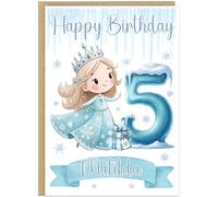 Personalised Winter Princess Happy Birthday Card with Age 1-9 - Custom Own Name & Own Age Number Balloon Blonde Ice Queen Crown Gifts A5 Greetings Card For Little Girls (Number 5)