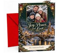 Personalised Winter Village Card - Christmas Joy, Peace and Love | Large A5 Size; Pair your favourite winter photo with your chosen names; add an optional inside message
