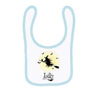 Personalised Witch Flying in Dark Cloud Any Name Birthday/Christmas Funny Gift idea Back to School Themed Baby Toddler Bib Fastening Style Unisex Style Baby Shower Idea. (White Pale Blue)