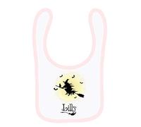 Personalised Witch Flying in Dark Cloud Any Name Birthday/Christmas Funny Gift idea Back to School Themed Baby Toddler Bib Fastening Style Unisex Style Baby Shower Idea. (White Pale Pink)