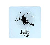 Personalised Witch Flying in Dark Cloud Any Name Birthday/Christmas Funny Gift idea Back to School Themed Pink/Blue Coloured Double Layer Cotton Baby Blanket. (Pale Blue)