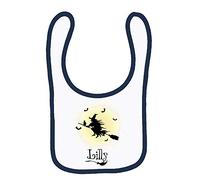 Personalised Witch Flying in Dark Cloud Any Name Birthday/Christmas Funny Gift idea Back to School Themed Baby Toddler Bib Fastening Style Unisex Style Baby Shower Idea. (White Navy)