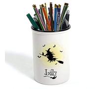 Personalised Witch Flying in Dark Cloud Any Name Birthday/Christmas Funny Gift idea Back to School Themed Pencil Pot, Pen Pot.