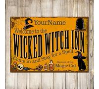 Personalised Witch Inn Black Cat Stay Spell Sign Halloween Photo Prop Party Decor Metal Plaque