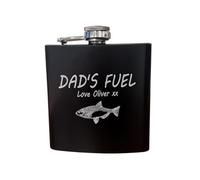 Personalised with a Message, Dad's Fuel Fishing Design Hip Flask, Matt Black Stainless Steel, 6oz, Gift Box Included